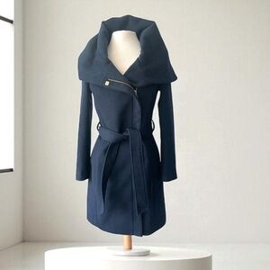 COLE HAAN BLUE WOOL BLEND BELTED COCOON COLLAR COAT SIZE 2